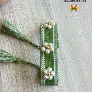 Green Beaded Bracelet with Tassels